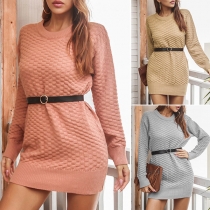 Fashion Solid Color Long Sleeve Round Neck Slim Fit Knit Dress with Waistband