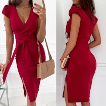 Sexy V-neck Slit Hem Short Sleeve Solid Color Slim Fit Tie-belt Dress