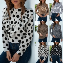 Sweet Style Long Sleeve Stand Collar Ruffle Hem Printed Shirt Blouse