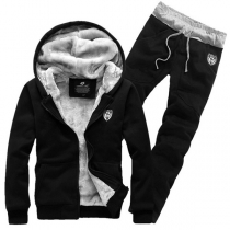 Fashion Solid Color Plush Lining Hooded Sweatshirt Coat + Pants Man's Two-piece Set