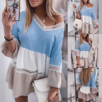 Fashion Contrast Color Trumpet Sleeve V-neck Lace Spliced Loose Top