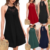 Sexy Off-shoulder Solid Color Lace Spliced Sling Dress