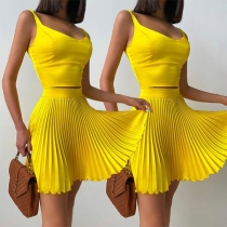 Sexy Backless Sling Crop Top + High Waist Pleated Skirt Two-piece Set
