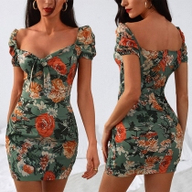 Sexy Backless Square Collar Puff Sleeve Slim Fit Printed Dress