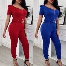 Elegant Solid Color Short Sleeve V-neck High Waist Slim Fit Jumpsuit