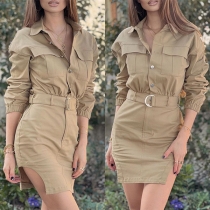 Fashion Solid Color Long Sleeve POLO Collar Slit Hem Slim Fit Dress with Waistband