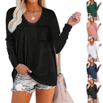 Casual Style Long Sleeve V-neck Solid Color Loose T-shirt