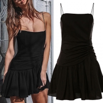 Sexy Backless High Waist Ruffle Hem Solid Color Slim Fit Sling Dress