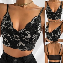 Sexy Backless V-neck Lace Spliced Sling Crop Top