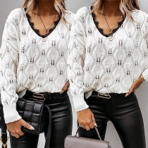 Fashion Lace Spliced V-neck Long Sleeve Hollow Out Knit Sweater