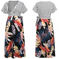 Sexy V-neck Short Sleeve High Waist Striped Spliced Maternity Dress