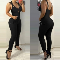 Sexy Backless V-neck Sling Top + High Waist Slim Fit Pants Two-piece Set