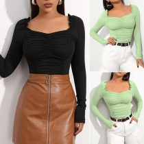 Sexy Square Collar Long Sleeve Solid Color Slim Fit Crop Top
