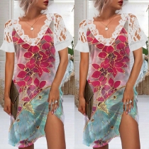 Fashion Lace Spliced Short Sleeve V-neck Printed Dress