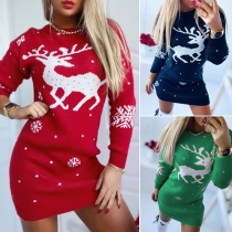 Cute Elk Pattern Long Sleeve Round Neck Slim Fit Knit Dress