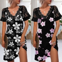 Fashion Lace Spliced Short Sleeve V-neck Printed Dress