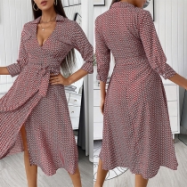 Sexy V-neck 3/4 Sleeve Tie-belt Printed Shirt Dress