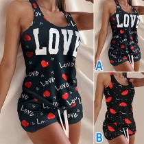 Casual Style Lip/Heart Printed Tank Top + Shorts Two-piece Set