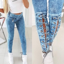 Fashion High Waist Keyhole Lace-up Slim Fit Jeans