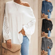 Sexy Hollow Out Lantern Sleeve Oblique Shoulder Solid Color Loose T-shirt