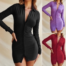 Fashion Solid Color Long Sleeve POLO Collar Single-breasted Slim Fit Dress