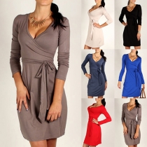 Sexy V-neck Long Sleeve Solid Color Tie-belt Slim Fit Dress