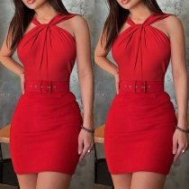 Sexy Off-shoulder Solid Color Twisted Halter Dress with Waistband
