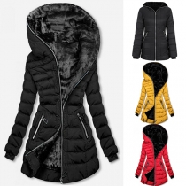 Fashion Solid Color Long Sleeve Hooded Slim Fit Padded Coat (Thin coat)