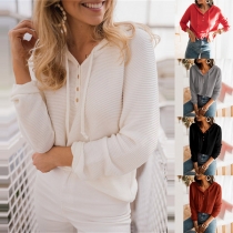 Fashion Solid Color Long Sleeve Hooded Loose Knit Sweatshirt Top