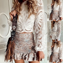 Sexy Long SLeeve Solid Color Solid Color Hollow Out Lace Top