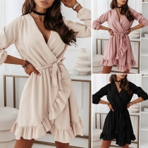 Sexy V-neck Irregular Ruffle Hem Solid Color Long Sleeve Dress