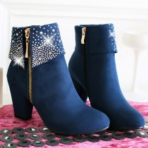 Fashion Rhinestone Inlaid Thick High-heeled Round Toe Ankle Boots Booties