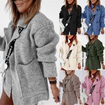 Fashion Solid Color Long Sleeve Notched Lapel Big-pocket Knit Cardigan Coat