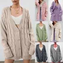 Casual Style Long Sleeve V-neck Singl-breasted Solid Color Loose Knit Cardigan