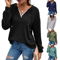 Casual Style Lace Spliced V-neck Long Sleeve Hooded Loose Sweatshirt