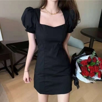 Fashion Puff Sleeve Square Collar High Waist Solid Color Slim Fit Dress
