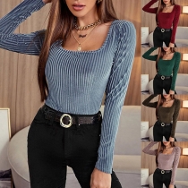 Fashion Solid Color Long Sleeve Square Collar Slim Fit T-shirt