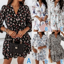 Fresh Style Long Sleeve V-neck Dual-layer Hem Printed Dress