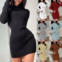 Simple Style Long Sleeve Hooded Solid Color Slim Fit Knit Dress