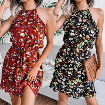 Sexy Off-shoulder Ruffle Hem Sling Printed Summer Dress