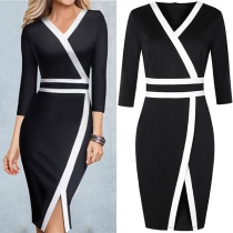 Sexy V-neck Slit Hem Half Sleeve Contrast Color Slim Fit Dress