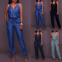 Fashion Sleeveless V-neck High Waist Wide-leg Denim Jumpsuit