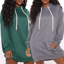 Casual Style Long Sleeve Hooded Solid Color Loose Sweatshirt Dress