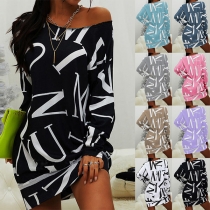 Fashion Letters Printed Long Sleeve Round Neck Loose Sweatshirt Dress