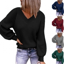 Fashion Lantern Sleeve V-neck Solid Color Loose Sweater