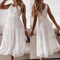 Fashion Sleeveless V-neck High Waist Lace Spliced Summer Dress