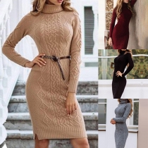 Fashion Solid Color Long Sleeve Turtleneck Slim Fit Sweater Dress