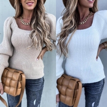 Fashion Solid Color Lantern Sleeve Square Collar Knit Sweater