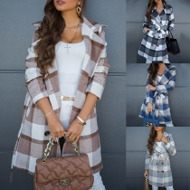 Fashion Long Sleeve Double-breasted Plaid Woolen Coat with Waist Strap
