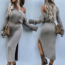 Sexy Oblique Shoulder Long Sleeve Slit Hem Solid Color Slim Fit Knit Dress